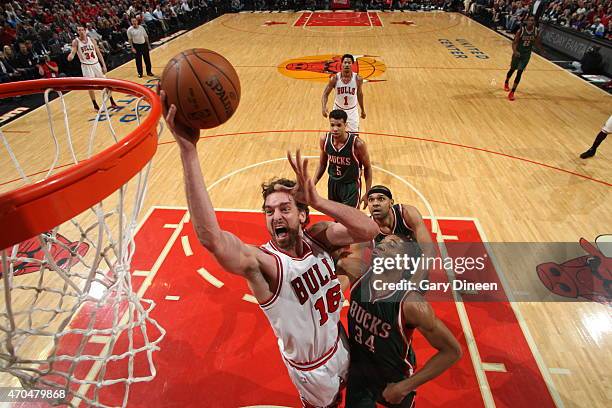 Pau Gasol of the Chicago Bulls goes to the basket against the Milwaukee Bucks in Game Two of the Eastern Conference Quarterfinals during the NBA...