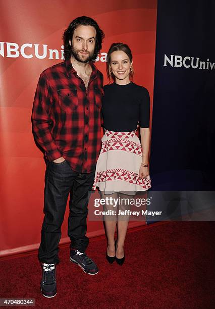 Actors Chris D'Elia and Bridgit Mendler attend the 2015 NBCUniversal Summer Press Day held at the The Langham Huntington Hotel and Spa on April 02,...