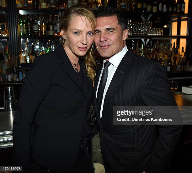 Uma Thurman and Andre Balazs attend the 2015 Tribeca Film Festival CHANEL Artists Dinner at Balthazer on April 20, 2015 in New York City.