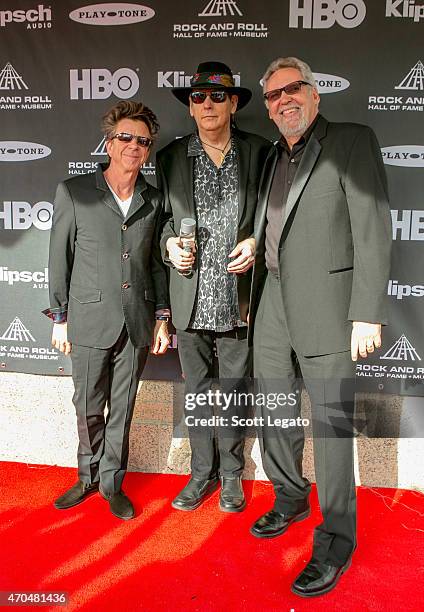 Musicians Chris Layton, Tommy Shannon and Reese Wynans of Double Trouble attend the 30th Annual Rock And Roll Hall Of Fame Induction Ceremony at...