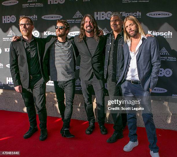 Nate Mendel, Chris Shiflett, Dave Grohl, Pat Smear and Taylor Hawkins of Foo Fighters attend the 30th Annual Rock And Roll Hall Of Fame Induction...