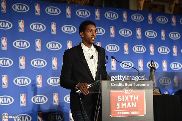 April 20: Lou Williams of the Toronto Raptors Receives the Kia Sixth Man Award in Toronto, Ontario, Canada. NOTE TO USER: User expressly acknowledges...