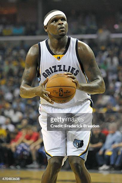 Zach Randolph of the Memphis Grizzlies plays against the Portland Trailblazers in Game One of the first round of the 2015 NBA Playoffs at FedExForum...