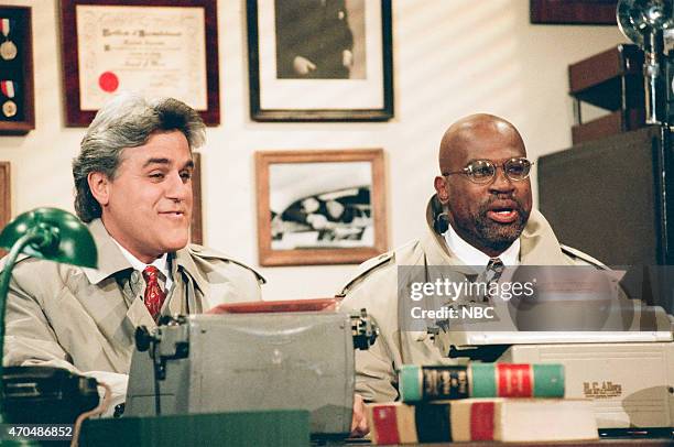 Episode 981 -- Pictured: Host Jay Leno and lawyer Chris Darden during the "Crime Novel" sketch on August 27, 1996 --