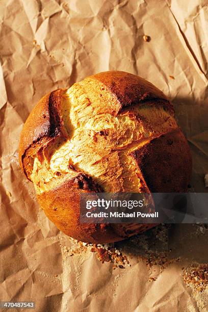 french hand made artisan boule bread loaf on brown - round loaf stock pictures, royalty-free photos & images