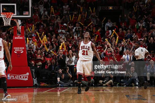 Jimmy Butler of the Chicago Bulls celebrates in Game Two of the Eastern Conference Quarterfinals against the Milwaukee Bucks during the NBA Playoffs...