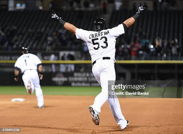 Melky Cabrera of the Chicago White Sox celebrates hitting a walk-off sacrifice against the Cleveland Indians during the ninth inning on April 20,...