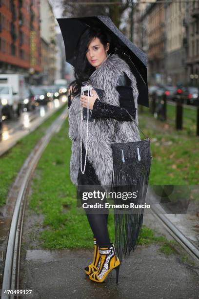 Gilda Koral Flora wears Yves Salomon fur, Barbara Bonner bag on day 1 of Milan Fashion Week Womenswear Autumn/Winter 2014 on February 19, 2014 in...