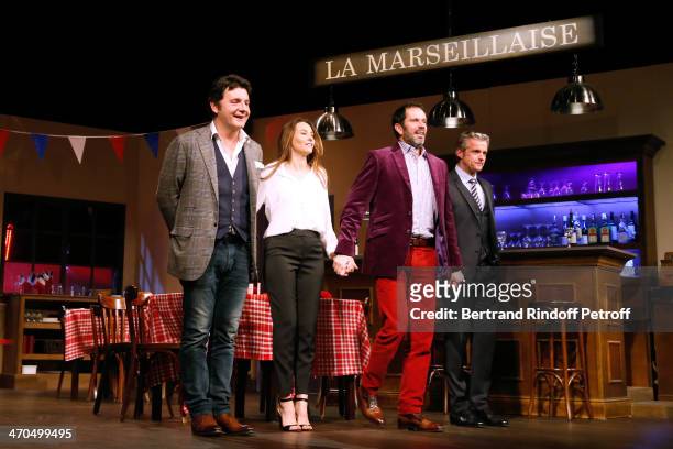 Actors of the drama Philippe Lellouche, his wife Vanessa Demouy, Christian Vadim and David Brecourt pose on stage at the end of the "L'appel de...
