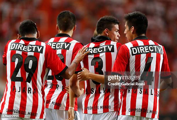 Guido Carrillo of Estudiantes and teammates celebrate their team's first goal during a match between Estudiantes and Lanus as part of third round of...