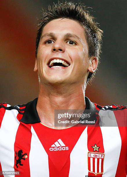 Guido Carrillo of Estudiantes celebrates after scoring the second goal of his team with a penalty kick during a match between Estudiantes and Lanus...