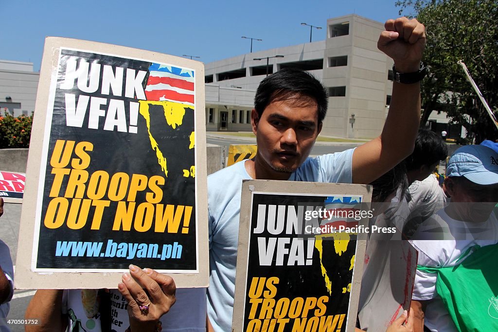 Various groups protest near the US Embassy in Manila City to...