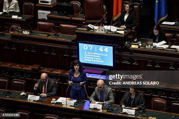 Dutch Chairman of the second chamber Anouchka Van Miltenburg delivers her speech as Martin Schulz , President of the European Parliament, Pascal Lamy...