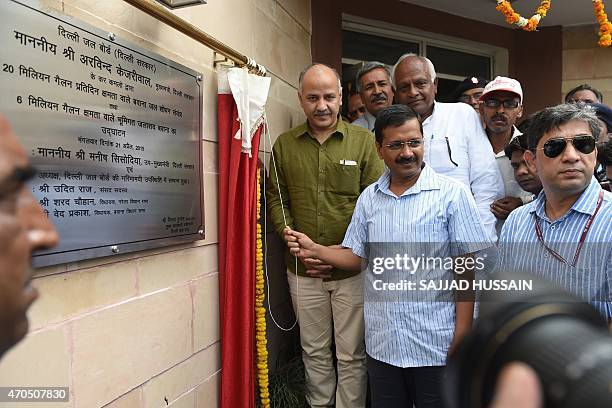 Delhi chief minister, Arvind Kejriwal , along with deputy chief minister Manish Sisodia, inaugurates the Bawana water treatment plant at Bawana in...