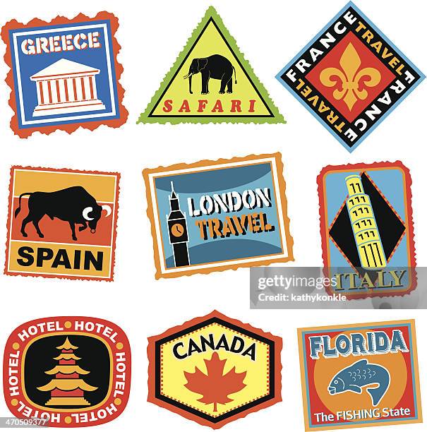 travel stickers or luggage labels in color - bullfighter stock illustrations