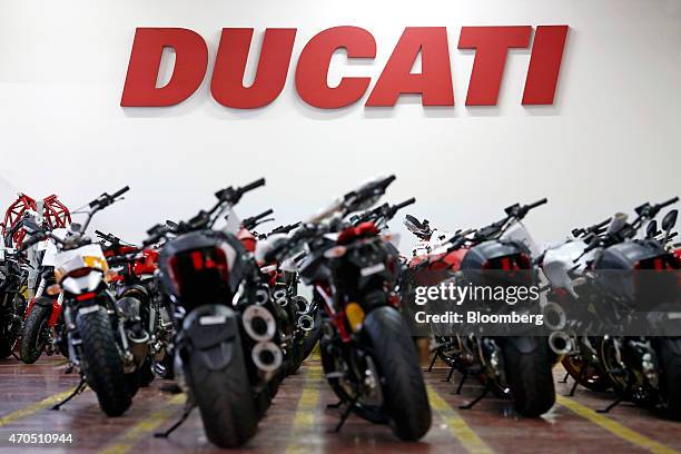 Ducati motorcycles, produced by Ducati Motor Holding SpA, a unit of Volkswagen AG , stand parked ahead of delivery at the company's factory in...
