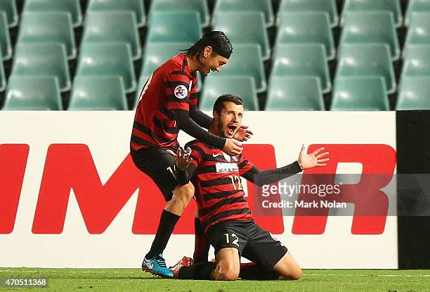 Nikita Rukavytsya of the Wanderers celebrates a goal during the Asian Champions League match between the Western Sydney Wanderers and Kashima Antlers...