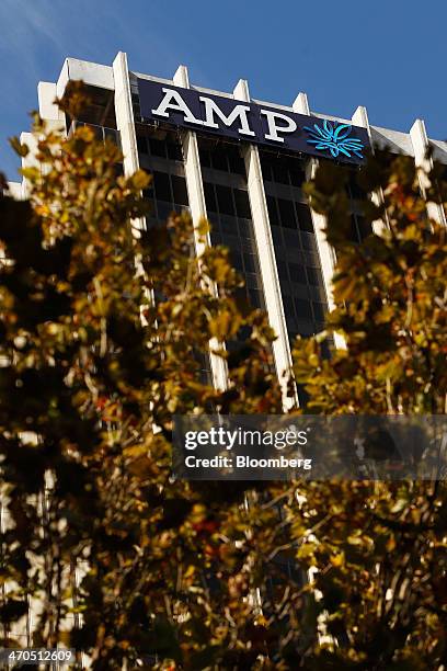 The logo of AMP Ltd. Is displayed atop the company's headquarters in Sydney, Australia, on Thursday, Feb. 20, 2014. AMP, Australias largest life...