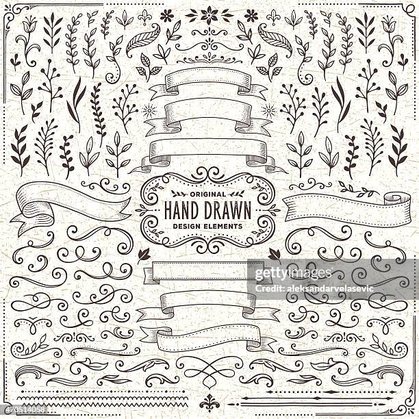 stockillustraties, clipart, cartoons en iconen met hand drawn banners, leaves,flowers, branches and swirls - flourish