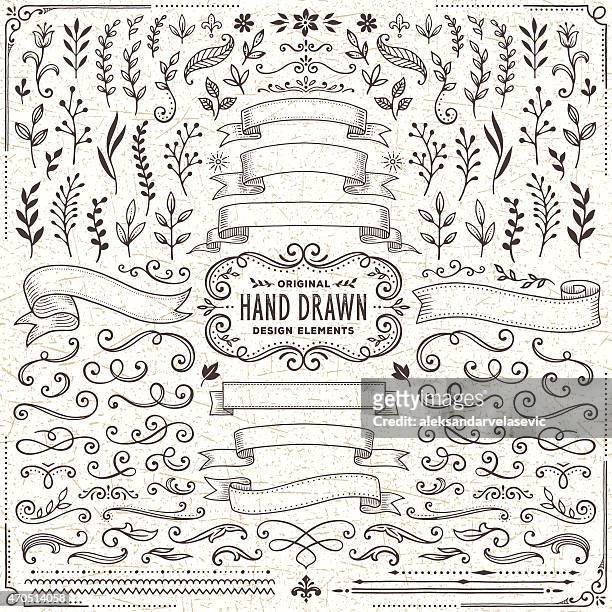 hand drawn banners, leaves,flowers, branches and swirls - banner sign stock illustrations
