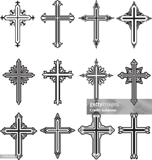 christian cross black and white royalty free vector icon set - cross shape stock illustrations