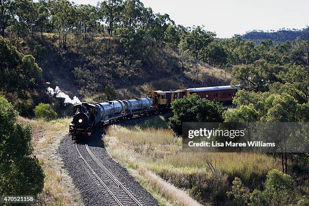 The ANZAC Troop Train makes its way through Drummond Range towards Emerald station on April 21, 2015 in Emerald, Australia. The 2015 ANZAC Troop...