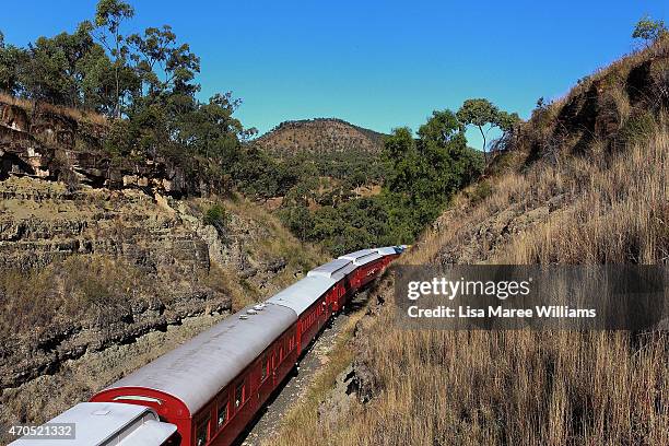 The ANZAC Troop Train makes its way through Drummond Range towards Emerald station on April 21, 2015 in Emerald, Australia. The 2015 ANZAC Troop...