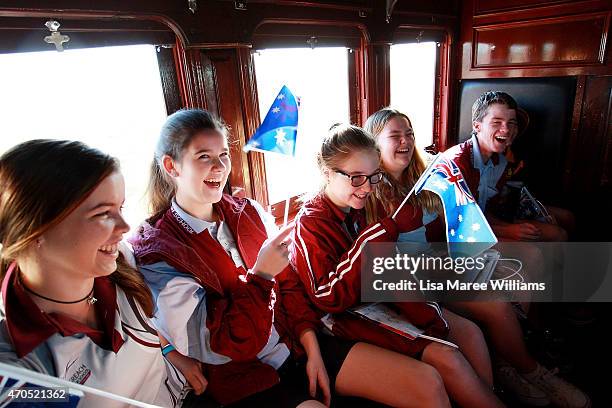 Longreach State High School students ride the ANZAC Troop Train from Longreach to Alpha on April 21, 2015 in Longreach, Australia. The 2015 ANZAC...