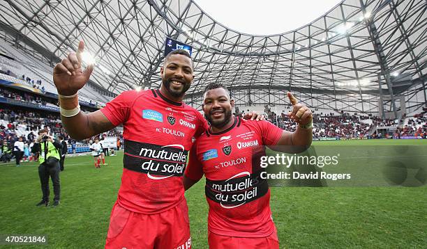 Delon Armitage and Steffon Armitage of Toulon, celebrate after their victory during the European Rugby Champions Cup semi final match between RC...