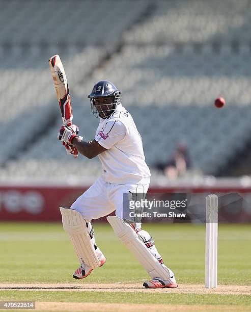 Michael Carberry of Hampshire hits out during day 3 of the LV County Championship match between Warwickshire and Hampshire at Edgbaston on April 21,...
