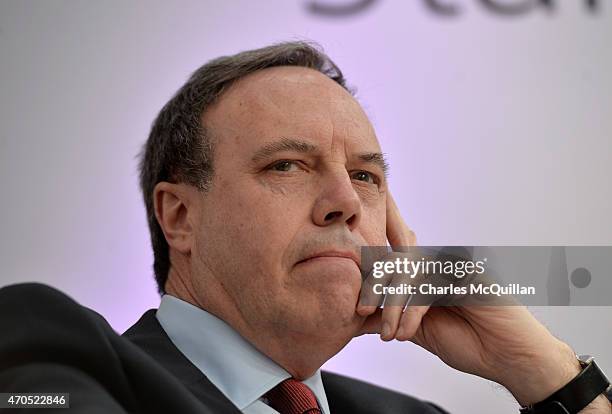 Deputy leader Nigel Dodds at the launch of the Democratic Unionist Party Election Manifesto at Wrightbus, supplier of the London Routemaster buses on...