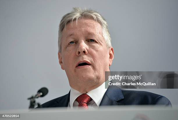 Northern Ireland First Minister and DUP leader Peter Robinson at the launch of the Democratic Unionist Party Election Manifesto at Wrightbus,...