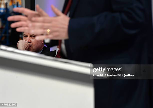 Deputy leader Nigel Dodds listens to Peter Robinson's speech at the launch of the Democratic Unionist Party Election Manifesto at Wrightbus, supplier...