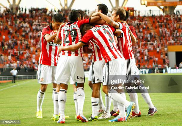 Guido Carrillo of Estudiantes and teammates celebrate their team's first goal during a match between Estudiantes and Lanus as part of third round of...
