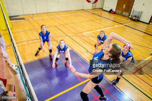 mid-air-volleyball-spike - spiking stock-fotos und bilder