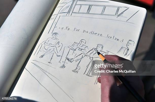 Adam Dant, commissioned as the official Westminster Election artist sketches at the launch of the Democratic Unionist Party Election Manifesto at...