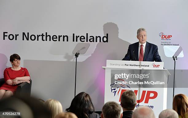 Northern Ireland First Minister and DUP leader Peter Robinson speaks at the launch of the Democratic Unionist Party Election Manifesto at Wrightbus,...