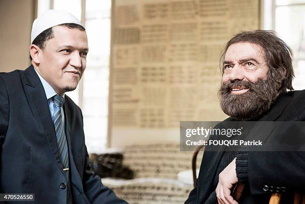 Jewish writer Marek Halter and muslim Hassen Chalghoumi, iman of the mosque of Drancy at Marek Halter's home in Paris on February 11, 2015. The...