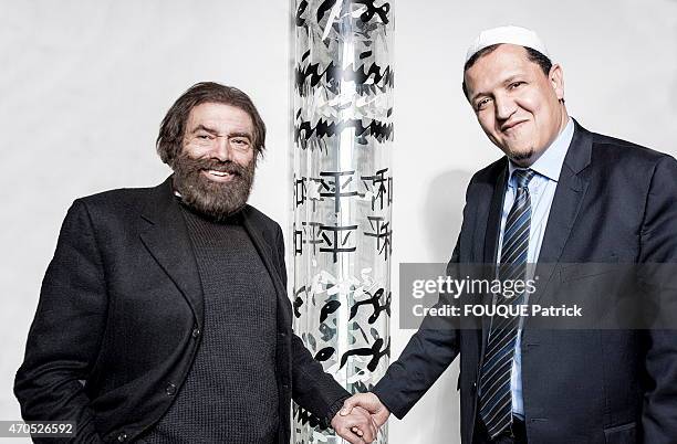 Jewish writer Marek Halter and muslim Hassen Chalghoumi, iman of the mosque of Drancy at Marek Halter's home in Paris on February 11, 2015. The...