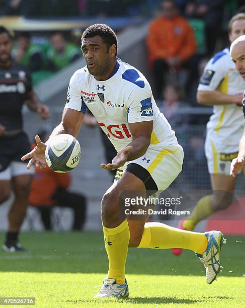 Naipoliioni Nalaga of Clermont Auvergne passes the ball during the European Rugby Champions Cup semi final match between ASM Clermont Auvergne and...