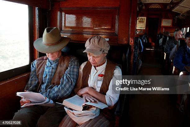 Troop Train passengers travel from Longreach to Alpha on April 21, 2015 in Longreach, Australia. The 2015 ANZAC Troop Train Re-Enactment commemorates...