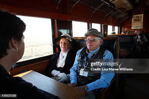 Troop Train passengers travel from Longreach to Alpha on April 21, 2015 in Longreach, Australia. The 2015 ANZAC Troop Train Re-Enactment commemorates...