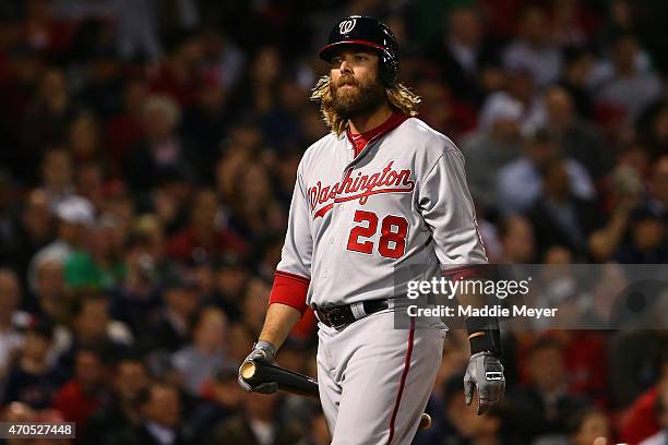 Jayson Werth of the Washington Nationals looks on during the eighth inning against the Boston Red Sox at Fenway Park on April 14, 2015 in Boston,...