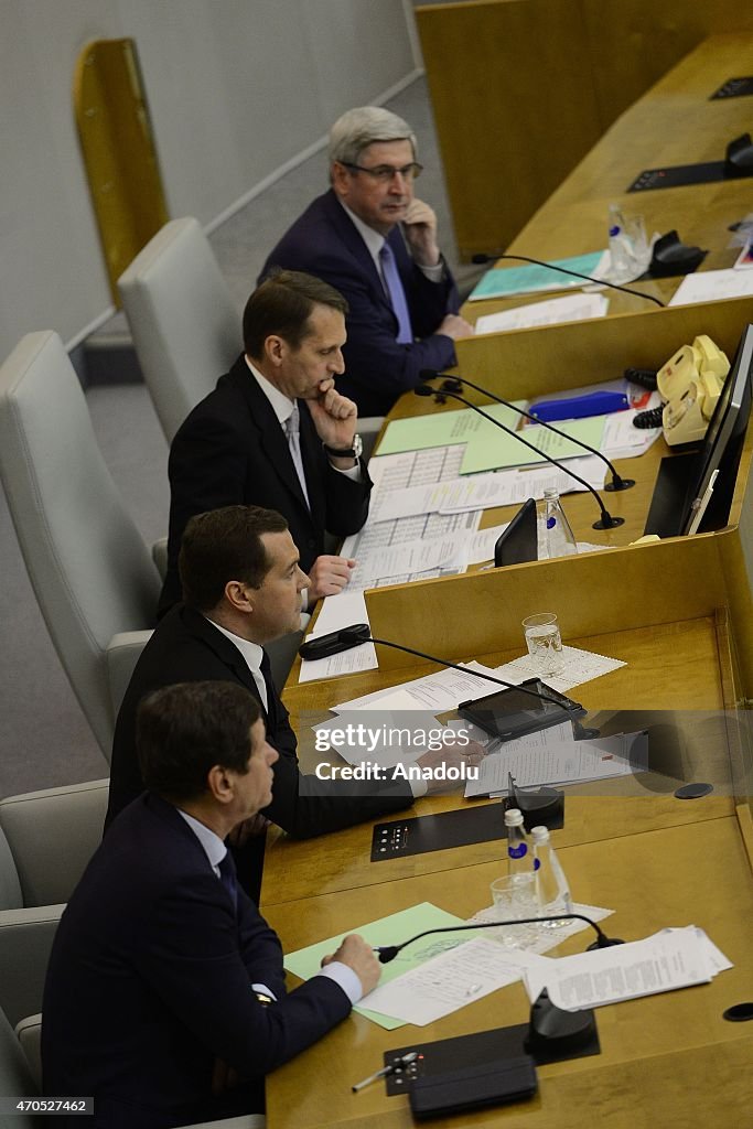 Russian PM Medvedev presents his report at the State Duma