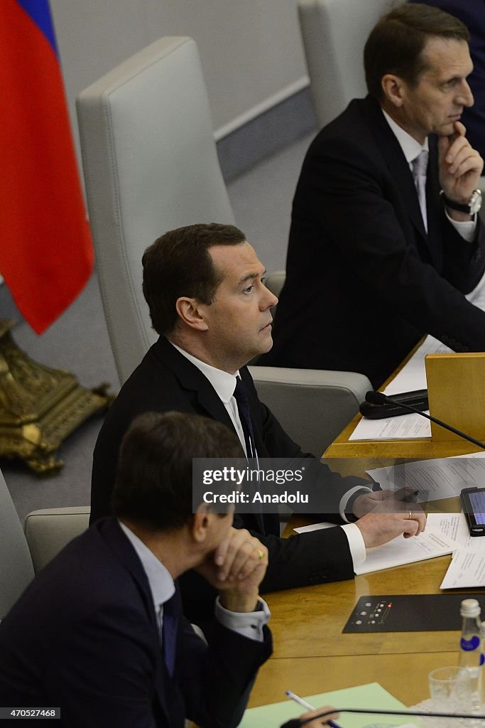 Russian PM Medvedev presents his report at the State Duma