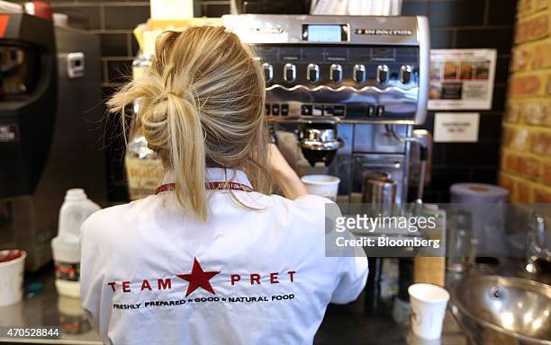 An employee prepares a cup of coffee inside a Pret A Manger sandwich store, operated by private equity firm Bridgepoint, in London, U.K., on Tuesday,...