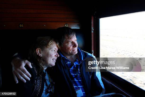 Allison Probert and Neil Probert from Hervey Bay ride the ANZAC Troop Train on April 21, 2015 in Alpha, Australia. The 2015 ANZAC Troop Train...