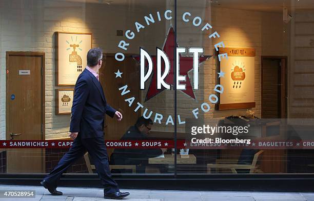 Pedestrian passes a Pret A Manger sandwich store, operated by private equity firm Bridgepoint, in London, U.K., on Tuesday, April 21, 2015....