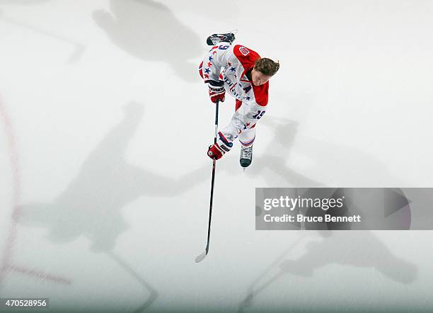 Nicklas Backstrom of the Washington Capitals skates in warm-ups prior to the game against the New York Islanders in Game Three of the Eastern...