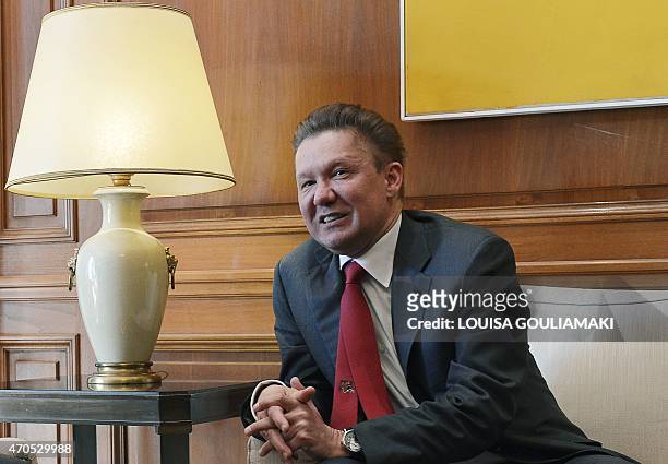 Of Russian gas giant Gazprom, Alexei Miller speaks during his meeting with the Greek Prime minister in Athens on April 21, 2015. Miller arrived in...